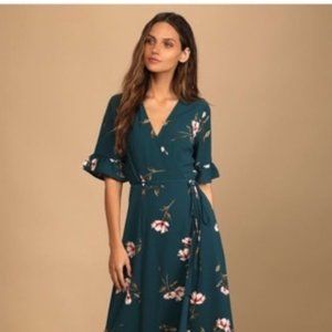 Lulus September Sunsets Dark Teal Floral Print Wrap Maxi Dress